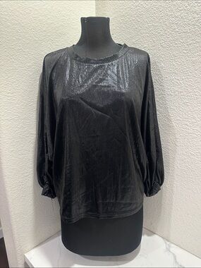 glam Black Shimmer Balloon-Sleeve Blouse